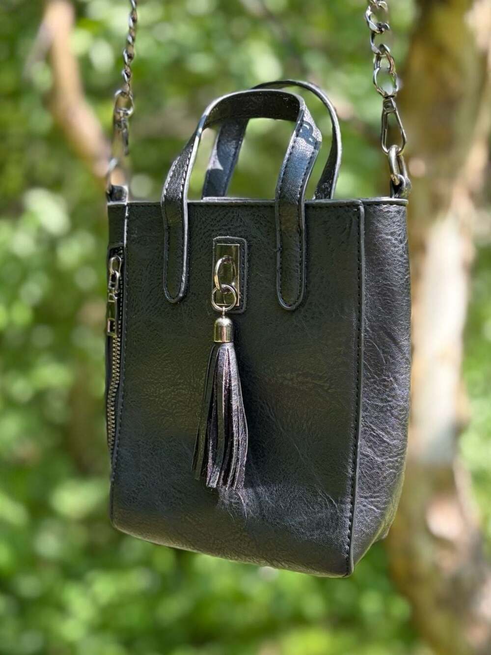 Sam & Hadley Black Faux Leather Mini Tote Crossbody Bag with Tassel